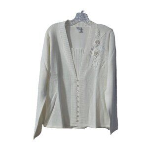 Adrian Delafield Sweater Size Large Beaded Knit Cream Faux Tank Pearl Buttons